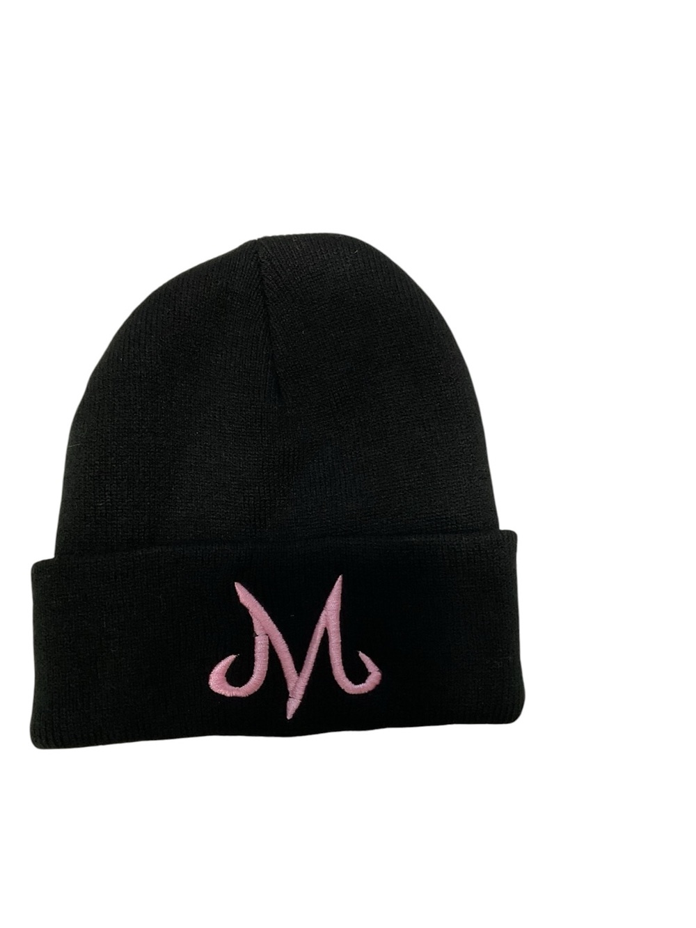 Black Knit Beanie with Pink 'M' Embroidery